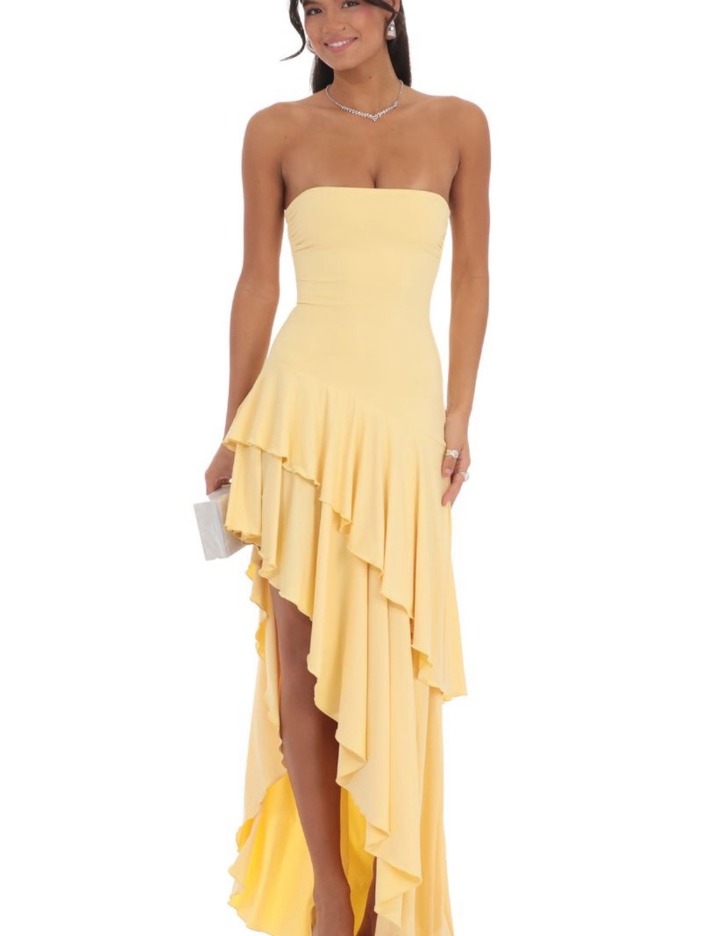 lucy in the sky strapless ruffle asymmetrical maxi dress in butter yellow